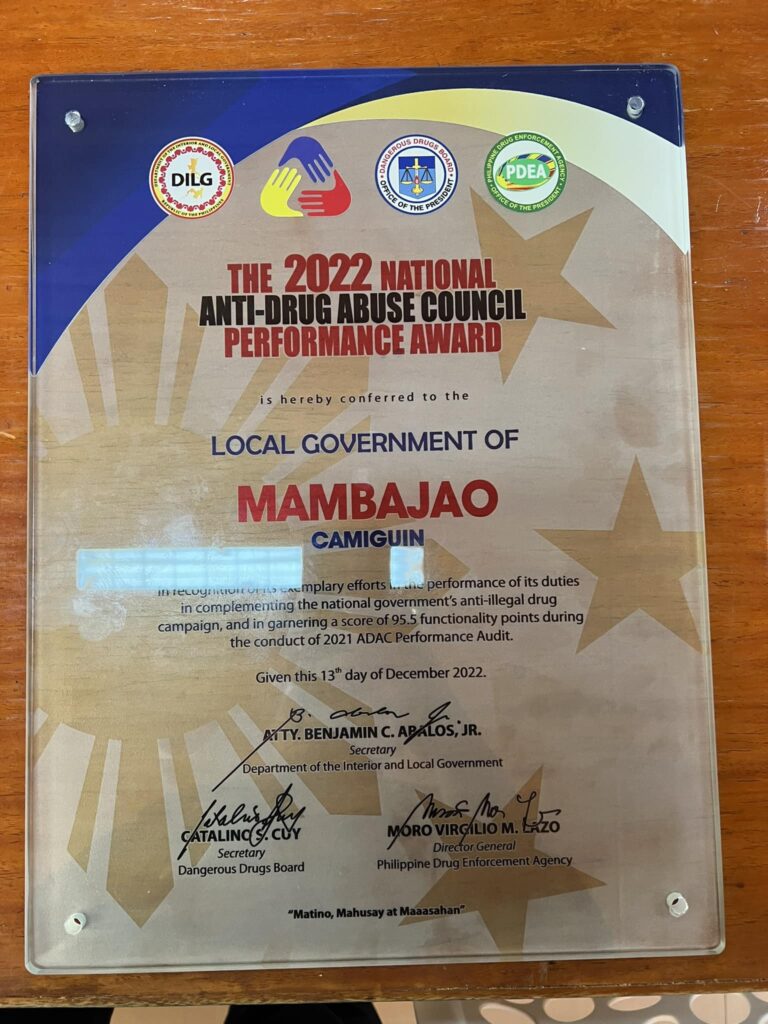 LGU Mambajao receives the 2022 National Anti-Drug Abuse Council Performance Award