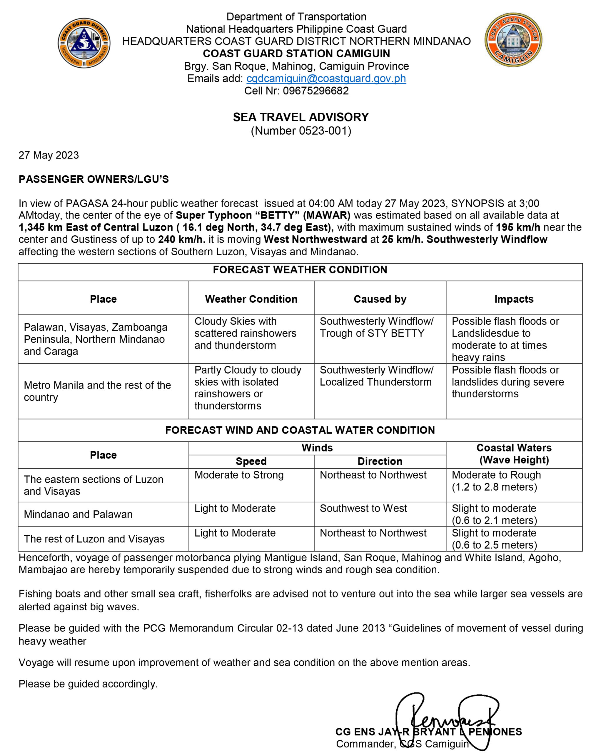 coast guard travel advisory